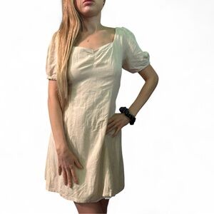 Sophisticated beige cream linen dress with open back and bow tie kawaii vibes S